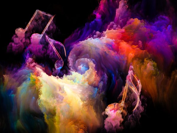 Color of Music series. Background composition of  musical symbols and color paint on the subject of performance arts, music, sound and creativity