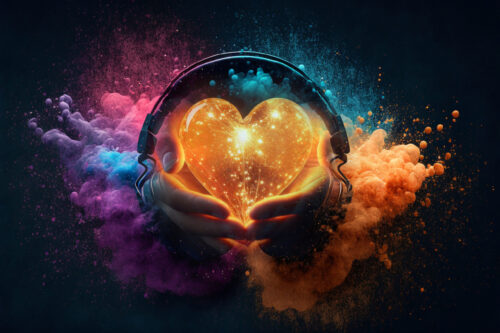 Headphone and  vivid color powder. Creative music and festival c