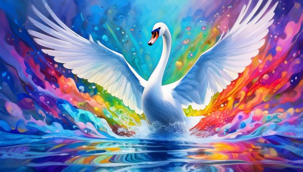 2024-7-9 POST 31 - MC-FINAL-ART-FOR-MARISA-VICTUS_Firefly swan diving with two outstretched wings into icy cold water splashing with lots of color