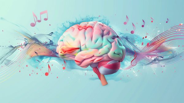 Human brain with vibrant melody wave and music notes, self care and mental health concept, positive thinking, creative mind