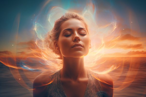 Picture of woman Astral body Psychedelic journey near death experience made by Generative AI.